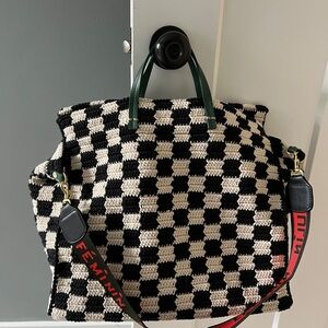 Clare v simple summer tote Checkered Black and White Tote Bag with Green Handles